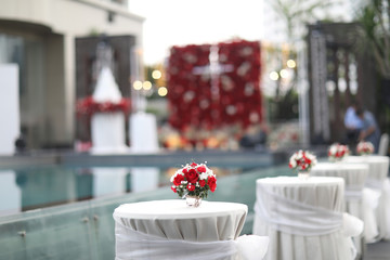 table set for wedding or another catered event dinner, luxury wedding table setting for fine dining at outdoors