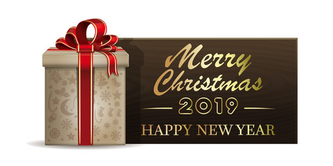 Fototapeta na wymiar Wooden banner with Christmas gift box for New Year 2019. Merry Christmas and Happy New Year. Vector illustration