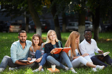 Naklejka premium grupa młodych studentów siedzi razem na zielonym trawniku kampusie szkoły średniej