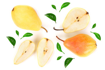 Three ripe red yellow pear fruits with leaf isolated on white background. Top view. Flat lay pattern