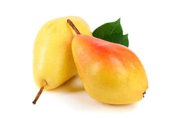 two ripe red yellow pear with leaves fruits isolated on white background