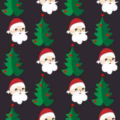 Winter holiday seamless paper with Santa head and New Year tree on the dark background