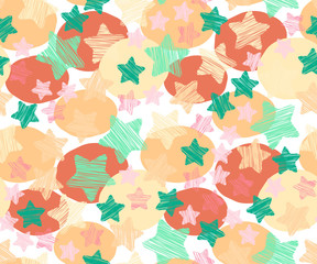 Colorful seamless pattern for children, raster version. Seamless pattern in cartoon style with stars and polka dot. Baby seamless texture.