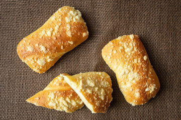 Fresh pastry with cottage cheese. Handmade buns. Rustic style food.