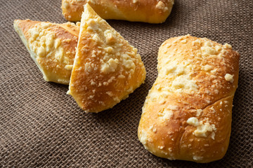 Fresh pastry with cottage cheese. Handmade buns. Rustic style food.