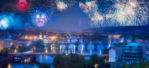 Foto auf Alu-Dibond Beautiful fireworks above Prague with bridges on Vltava river © boule1301