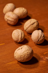 Walnut on brown wooden background. Selective focus