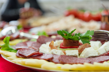 Antipasto platter with flat sausage, slices yellow cheese, white cheese, decorated with parsley and red pepper ring. Appetizer.