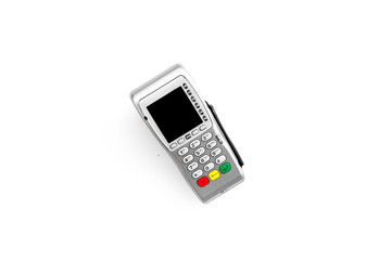 Payment terminal, compact POS terminal on white background top view space for text
