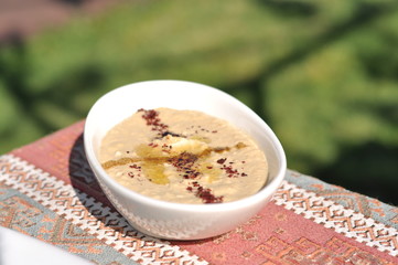 Traditional Cypriot meze and kebap barbecue party in the garden with delicious mix meat and chicken kebaps