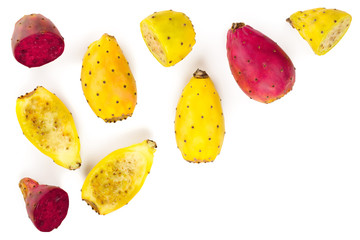 red end yellow prickly pear or opuntia isolated on a white background with copy space for your text. Top view. Flat lay