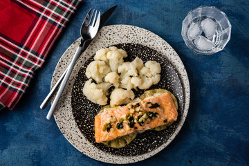 Solomon fillet with pineapple and cauliflower. Fish with vegetables.