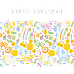 Hanukkah greeting card with flowers, birds, wooden dreidels, donuts, chocolate coins, candles and menorah (traditional Candelabra). Happy Hanukkah, Jewish holiday background