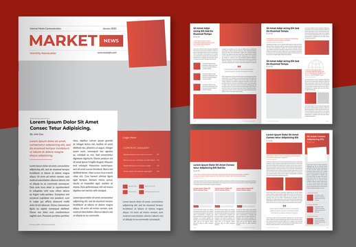 Business Newsletter Layout with Red and Dark Grey Accents