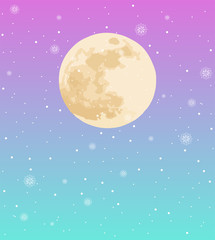 Neon colored sky with full moon and falling snow