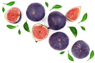 fig fruits with leaves isolated on white background with copy space for your text. Top view. Flat...