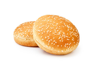 Two Hamburger buns with sesame isolated on white background
