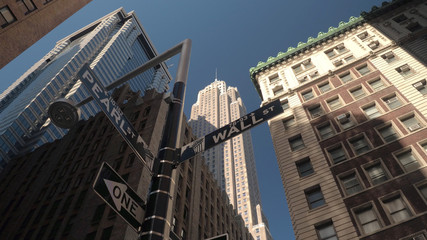 CLOSE UP: Iconic Wall Street sign in Lower Manhattan New York financial district