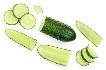 Cucumber slices isolated on white background with copy space for your text. Top view. Flat lay pattern. Set or collection