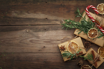 Christmas composition in rustic style on a wooden table. Top view.