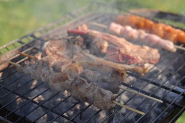 Traditional Cypriot meze and kebap barbecue party in the garden with delicious mix meat and chicken kebaps
