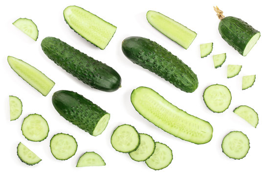 Cucumber slices isolated on white background. Top view. Flat lay pattern. Set or collection