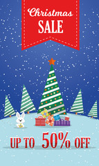 Fototapeta na wymiar discount flyer for a Christmas sale up to 50% off discount with a Christmas tree, Christmas gifts, trees, snow and a Christmas rabbit on a blue background.