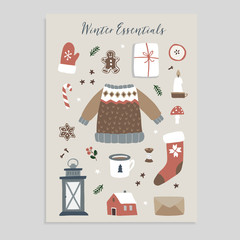 Winter essentials. Christmas greeting card. Set of cute winter lifestyle and food icons. Knitted sweater, glove, Santa socks, gift box and gingerbread cookies. Vintage flat design. Isolated vectors