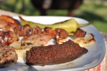 Traditional Cypriot meze and kebap barbecue party in the garden with delicious mix meat and chicken kebaps