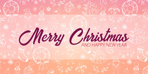 Merry Christmas and Happy New Year. Background with hand-draw christmas doodle elements. Vector illustration.