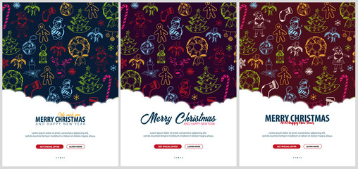 Merry Christmas and Happy New Year. Set of Backgrounds with hand-draw christmas doodle elements. Vector illustration.