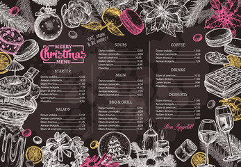Christmas happy holiday layout of festive menu on chalkboard. Hand drawn and sketch design and template for restaurant and café. Vector illustration