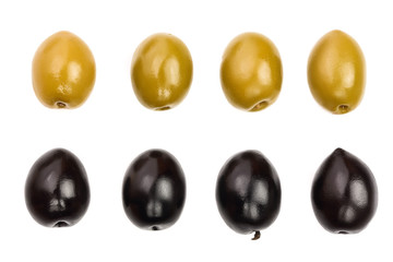 Green and black olives isolated on a white background. Top view. Flat lay. Set or collection