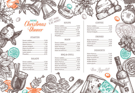 Christmas happy holiday layout of festive menu for festive dinner. Hand drawn and sketch design and template for restaurant and café. Vector illustration