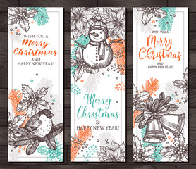 Christmas happy holiday vertical banners for web. Design for greeting cards with vector hand drawn sketch illustartion
