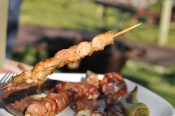 Traditional Cypriot meze and kebap barbecue party in the garden with delicious mix meat and chicken kebaps