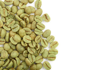 green coffee beans isolated on white background with copy space for your text. Top view. Flat lay