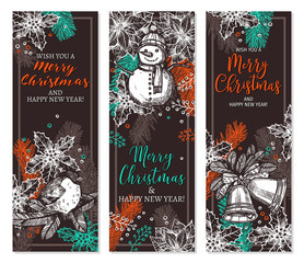 Vector christmas and new year set of vertical banners in sketch chalkboard style