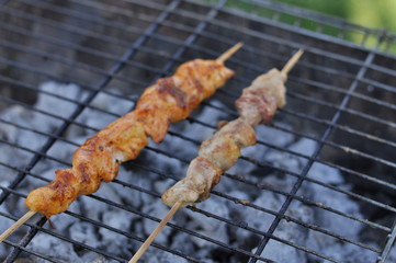 Traditional Cypriot meze and kebap barbecue party in the garden with delicious mix meat and chicken kebaps