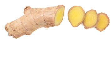 fresh Ginger root and slice isolated on white background with copy space for your text. Top view....