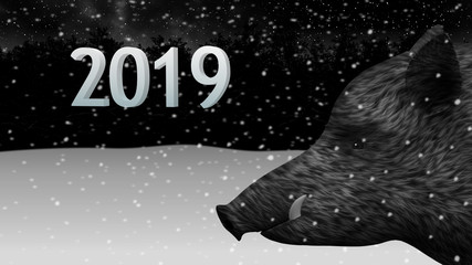 Wild boar new year 2019 in winter forest