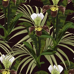 Seamless pattern, background with brown orchid, palm and bananas leaves on black background. Hand drawn colorful  illustration. © Iuliia