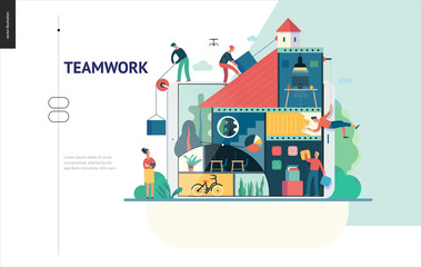 Business series, color 1 -company, teamwork, collaboration -modern flat vector illustration concept of people constructing a company Business workflow management. Creative landing page design template