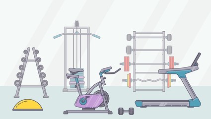 Gym equipment set. Various fitness accessories collection. Bodybuilding and crossfit equipement isolated. Flat style. Vector illustration.
