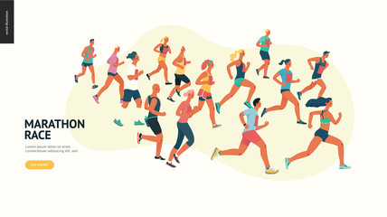 Marathon race group - flat modern vector concept illustration of running men and women wearing summer sportswer. Marathon race, 5k run, sprint. Creative landing page design template, web banner