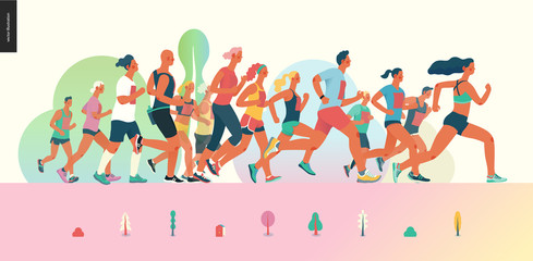 Marathon race group - flat modern vector concept illustration of running men and women wearing summer sportswer. Marathon race, 5k run, sprint. Creative landing page design template, web banner