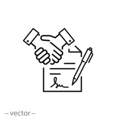 contract icon, handshake with signature in document, line sign, vector illustration eps10