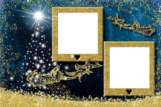 Christmas photo frame greetings cards. Santa Claus sleigh