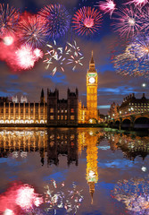 Big Ben with firework in London, England (celebration of the New Year)