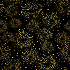 Firework seamless vector pattern. Gold foil isolated. Metallic shiny fireworks on black background. Bright decoration Christmas card, Happy New Year celebration, anniversary, festival, party, July.